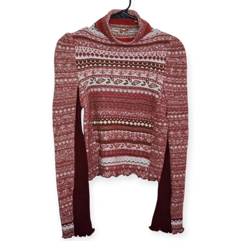 Free People Maroon & Pink Striped Cropped Cowl Sweater - Picture 2 of 8